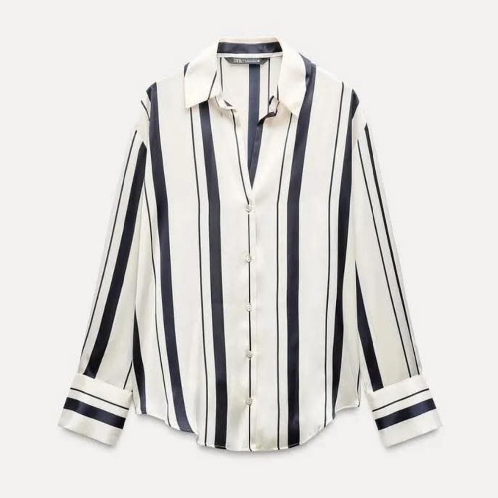 Striped Button-Up Silk Shirt Navy Blue Off-white